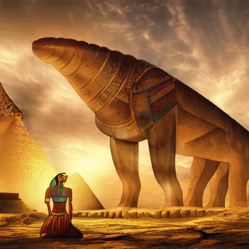 Prompt: ancient egyptian landscape with a giant stegasaurus guarding the pyramids, high quality digital art, cinematic sky, unreal engine