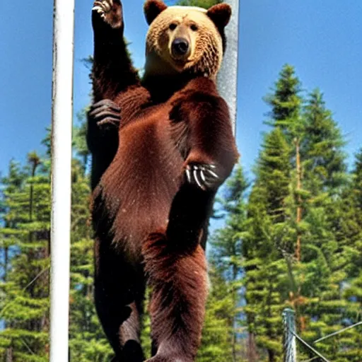 Image similar to the bear sits on a high pole and repairs high-voltage wires. High-resolution photo.