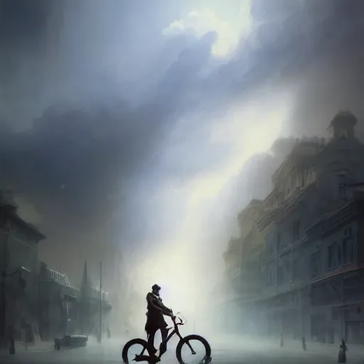 Prompt: cinematic shot epic portrait superman riding a bicycle in the streets, atmospheric, cloudy, broad light, ambient occlusion, volumetric light effect, made by ivan aivazovsky, peter mohrbacher, greg rutkowski, ross tran, matte painting, trending on artstation, 4 k, perfectly defined features, digital painting, cinematic, epic, highly detailed,