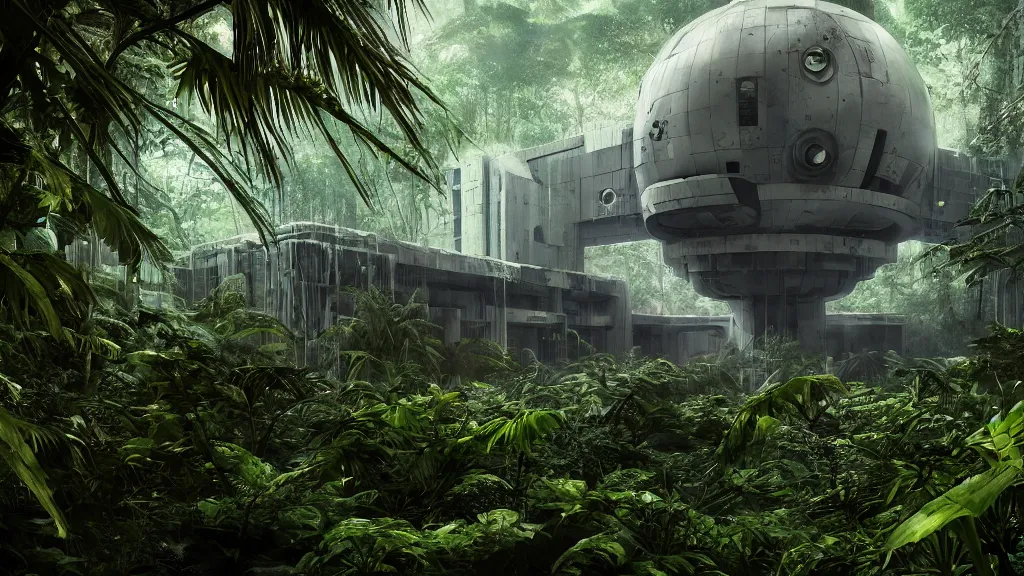 Prompt: abandoned brutalist alien space station in lush jungle, close up, marek okon, digital painting, xf iq 4, f / 1. 4, iso 2 0 0, 1 / 1 6 0 s, 8 k, raw, featured in artstation, octane render, cinematic, elegant, intricate, 8 k