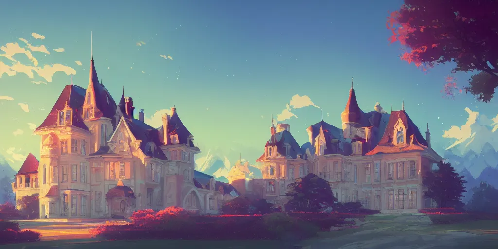 Prompt: beautiful illustration of chateau in a serene landscape, by makoto shinkai, anton fadeev, thomas kinkade, and james gilleard, beautiful matte painting, heavenly lighting, retrowave, 4 k hd wallpaper