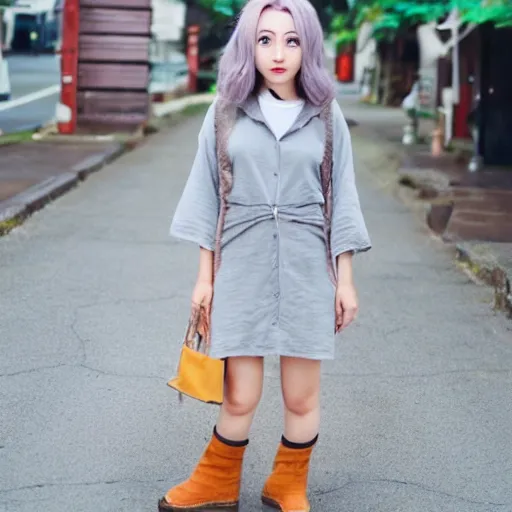 Image similar to girl in anime style with short grey hair wearing a potato sack dress