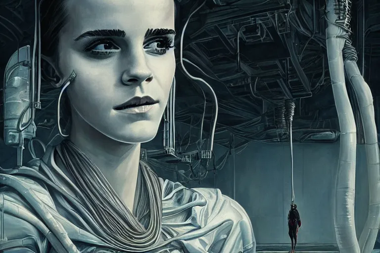 Prompt: beautiful painting of Emma Watson wearing a white leather jumpsuit in a futuristic house in the style of Simon Stålenhag and H. R. Giger, detailed, trending on Artstation