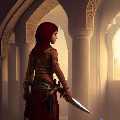 Prompt: a young palestinian princess with dagger, image from prince of persia, by greg rutkowski, very detailed, octane render, unteal engine 5, 4 k