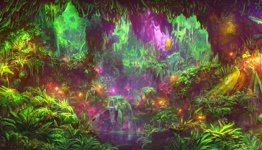 Image similar to concept art of underground jungle cave with luminescent plants, colorful, high detailed