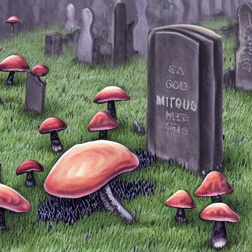 Prompt: mushrooms covering a decaying corpse, in a graveyard, green gas coming from the cracked ground, painting, in the style of bensinski