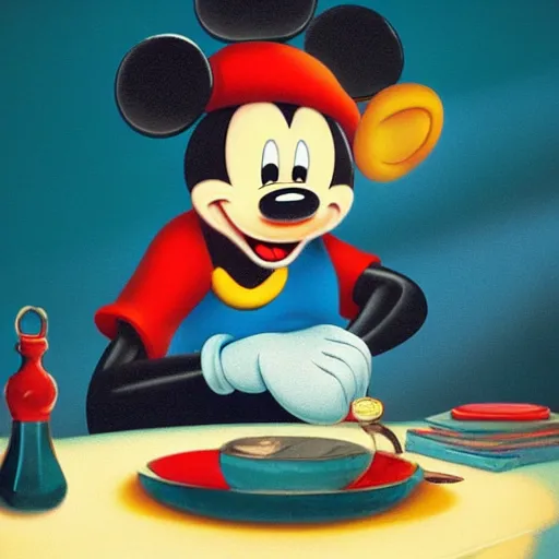 Prompt: mickey mouse with a blue hat on top of a table, a storybook illustration by walt disney, behance, magic realism, fantasy, mystical, reimagined by industrial light and magic