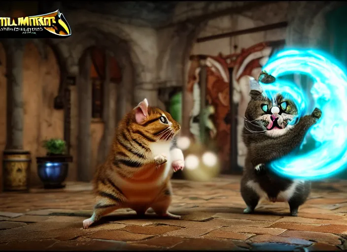 Image similar to hamster fights a cat in mortal kombat on the background of a laughing shao khan. fantasy magic style. highly detailed 8 k. intricate. lifelike. soft light. sony a 7 r iv 5 5 mm. unreal engine with nanite and path tracing