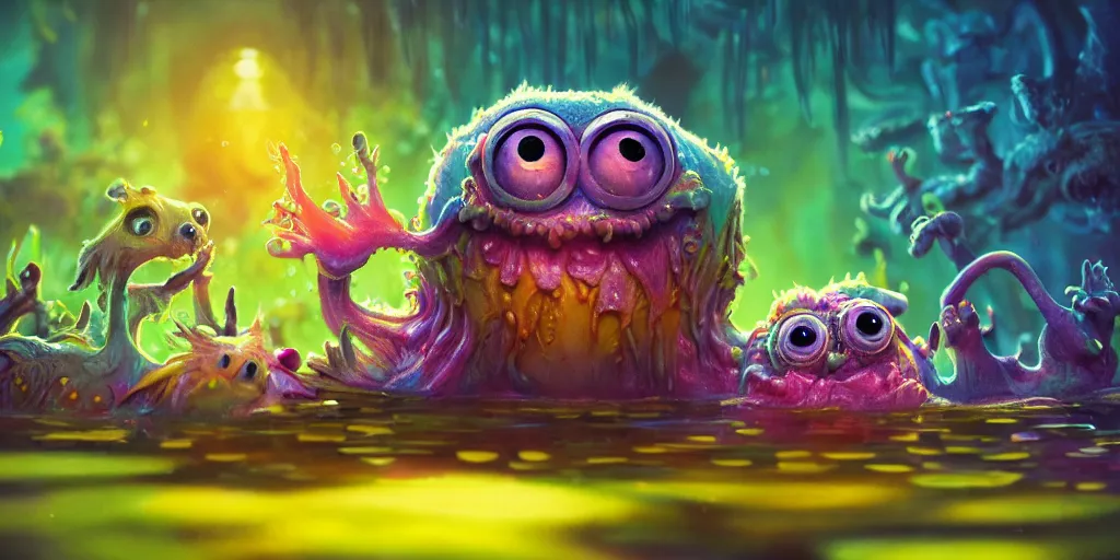 Prompt: intricate murky colorful pond with strange cute fluffy friendly happy creatures with huge eyes long tongue and funny face appearing from the water, in the style of craola, macro lens, shallow depth of field, highly detailed, digital painting, trending artstation, concept art, illustration, cinematic lighting, vibrant colors, photorealism, epic, octane render