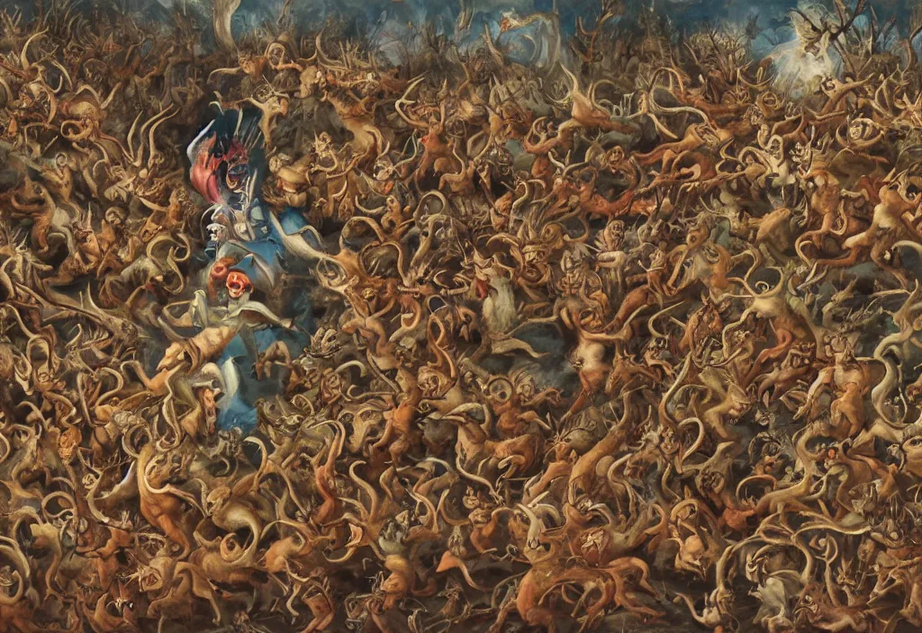 Prompt: a painting of the squirrel king fighting a vast horde of demons