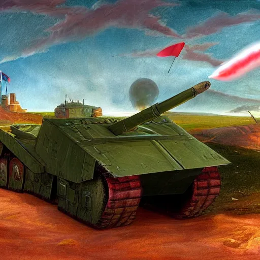 Prompt: Watermelon as military vehicle with epic weapons, launching rockets on a battlefield, russian city as background. Concept digital art in style of Caspar David Friedrich, Less watermelon more military vehicle, epic RTX dimensional dramatic light