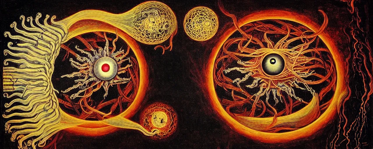 Image similar to a strange fire creature with endearing eyes radiates a unique canto'as above so below'while being ignited by the spirit of haeckel and robert fludd, breakthrough is iminent, glory be to the magic within, in honor of saturn, painted by ronny khalil