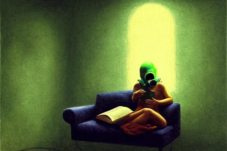 Prompt: hyper realistic girl with wearing a gas mask lying on the sofa reading a book in her room, in the style of beksinski, solarpunk, exact anatomy, atmospheric, clean, intricate and epic composition, green by caravaggio, insanely quality, highly detailed, masterpiece, blue light, artstation, 4 k
