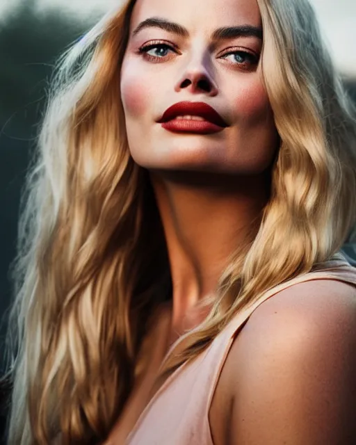 Prompt: Beautiful Head and shoulders portrait of confident flirty margot robbie with straight long blonde hair, by Zoë Mozert , alberto Vargas, arney freytag, artstation, 35mm, fashion photoshoot, posing in an urban street, golden hour, bokeh, rim lighting, fashion pose, octane, 4k