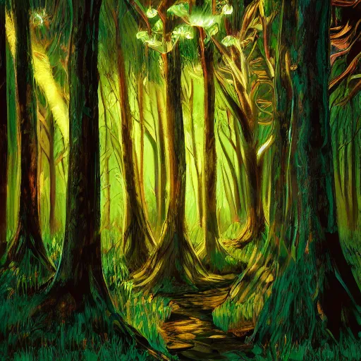 Prompt: enchanted forest with intricate details and tons of big trees. deep illumination and beautiful use of light and shadow to create a sense of depth and movement. using energetic brushwork and a limited color palette. light angle left at 1 5 degrees.