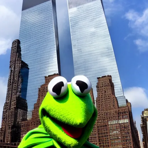 Prompt: kermit the frog selfie in front of world trade center twin towers, phone camera, selfie, green muppet, new york city, downtown, posing