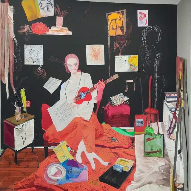 Image similar to a portrait in a female art student's bedroom, black walls, a woman reading das kapital, pancakes, sheet music, electric guitar, surgical supplies, ikebana, sensual, octopus, neo - expressionism, surrealism, acrylic and spray paint and oilstick on canvas