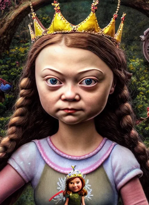 Image similar to highly detailed closeup, face profile portrait of greta thunberg as a tin toy fairytale princess wearing a crown eating cakes, bikini, unreal engine, nicoletta ceccoli, mark ryden, earl norem, lostfish, global illumination, detailed and intricate environment