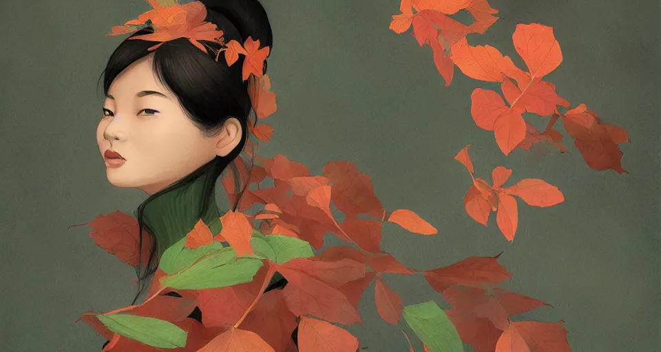 Prompt: asian female wearing leaf costume, art by dannylailai, by hsiao ron cheng