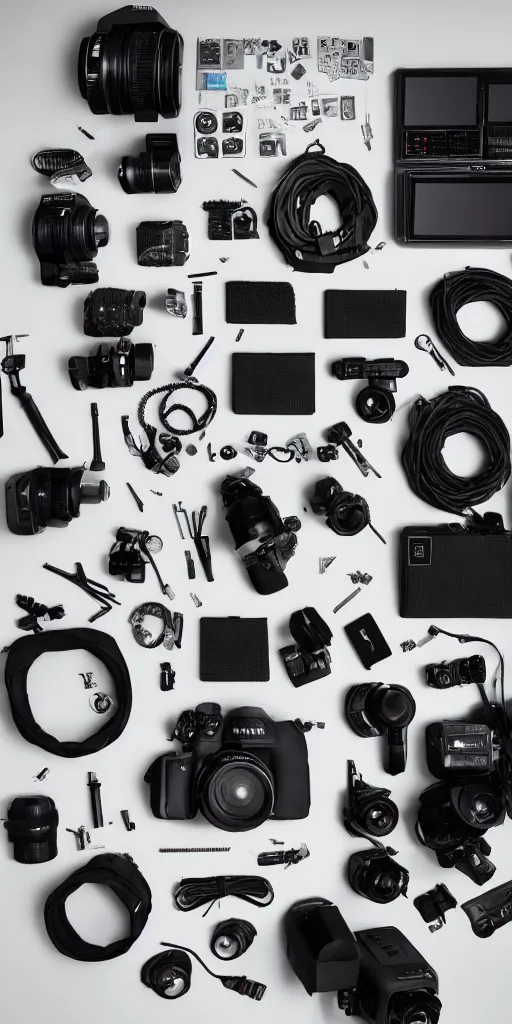 Prompt: knolling photography, studio producer, 30mm