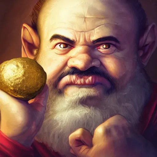 Image similar to symmetrical portrait of a happy dwarf showing off the giant gold nugget, realistic, beautiful, fantasy art, dnd, lord of the rings, style of charlie bowater, concept art, sharp focus, ray tracing