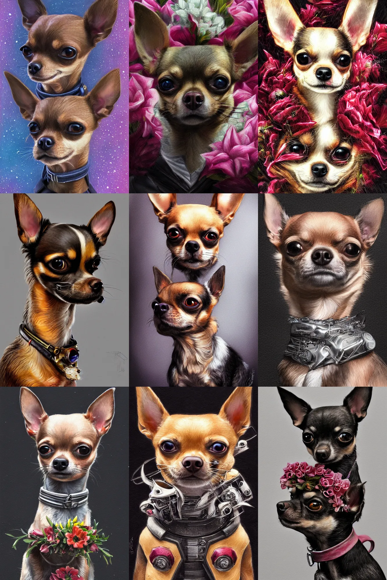 Prompt: ultra realistic illustration, portrait of a chihuahua bouquet, close up shot, cyberpunk, symmetrical, sci-fi, fantasy, intricate, elegant, highly detailed, digital painting, artstation, concept art, smooth, sharp focus, illustration, surrealism