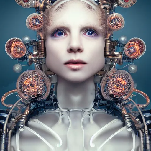 Prompt: stunning hyperdetailed upclose symmetrical portrait of 5 0 year old caucasian cyborg girl with translucent porcelain skin, lush thick hair, big electric eyes, ultra detailed ornate neon wire lacing, ultra detailed steampunk cyborg implants, complex white nano mechanical flowers, micro detail, by satoshi kon, sharp focus, trending on artstation hq, deviantart, pinterest, 8 k