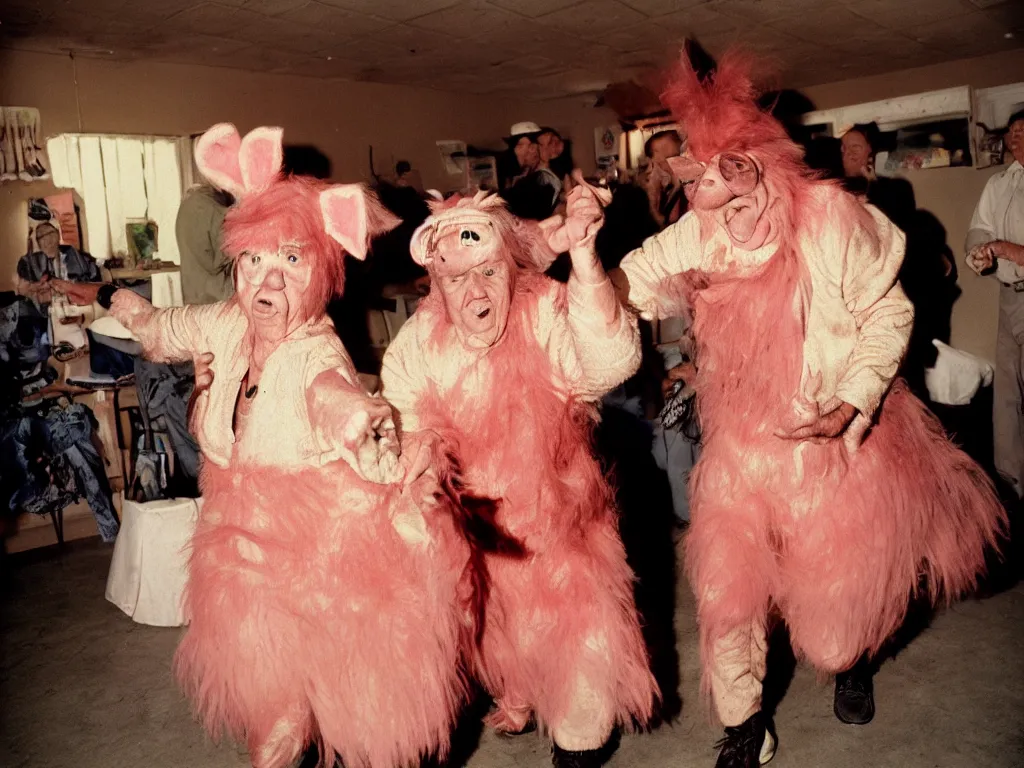 Image similar to a couple of grandparents of 1 0 0 years old wearing pig costume and dancing, extreme long shot, kodachrome, backlight, add a glow around subj. edge, in twin peaks, 1 9 9 0 s