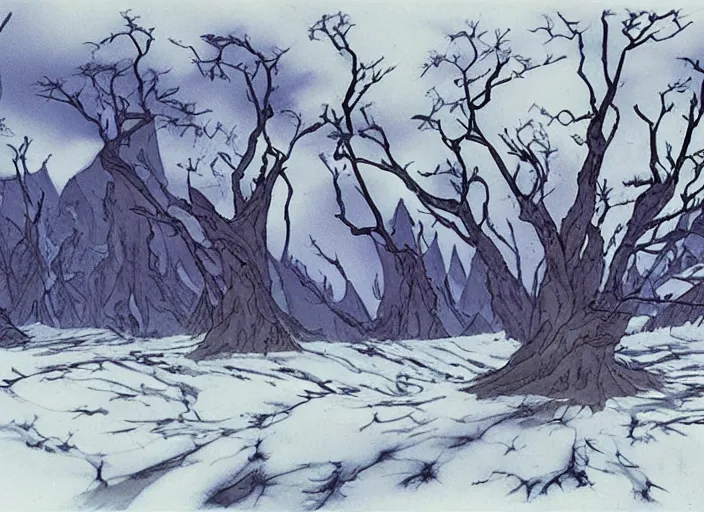 Image similar to stark minimalist charred wooded snowdrift landscape by bill watterson from mulan ( 1 9 9 8 )