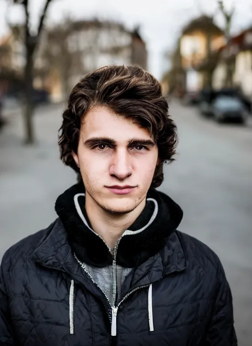 Prompt: a personal close up portrait of a 2 1 year old man from switzerland, his hair is brown and short, his eyes are green, his face is symmetric and friendly, he's proud to be where he is in life, black jacket, ambient light, beautiful composition, magazine photography, full frame, 5 0 mm, f 1. 8