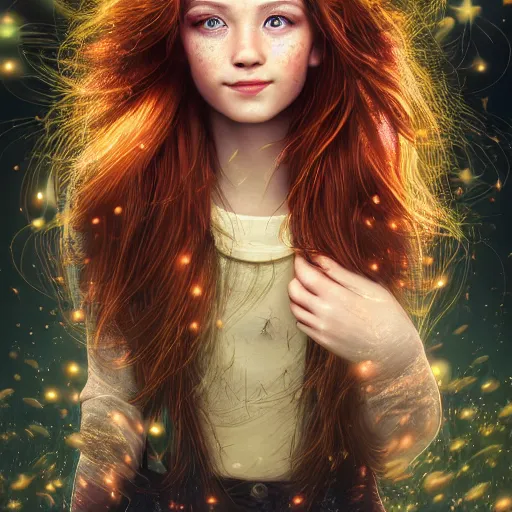 Image similar to highly detailed sharp wallpaper portrait of a red haired girl softly smiling among fireflies, with long hair, green eyes, round face, hint of freckles, intricate details, dramatic light, golden ratio, hyper realistic digital art