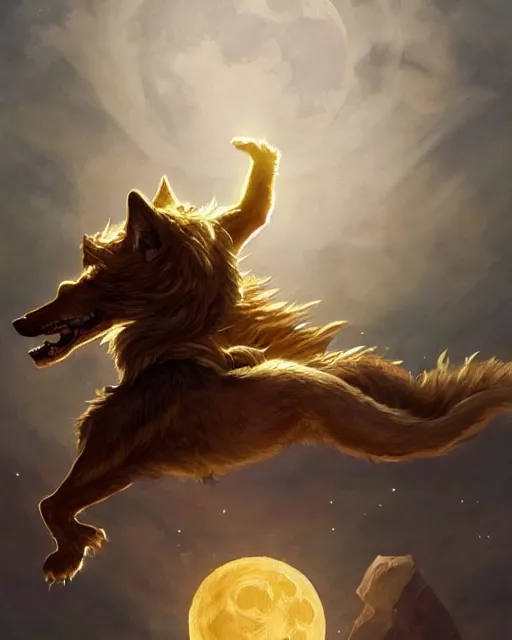 Image similar to '' Illustration of giant gold wolf chasing the moon through the sky, league of legends, LOL, fantasy, d&d, digital painting, artstation, concept art, sharp focus, illustration, art by greg rutkowski and alphonse mucha ''