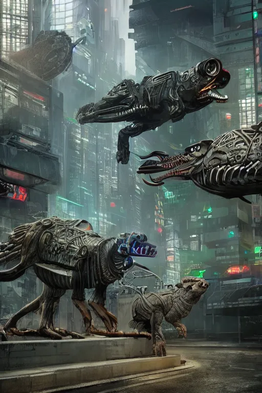 Image similar to 3D render of a futuristic cyberpunk zoo made up of cyborg animals. Dystopian. Noir. Photo realistic. highly detailed. Cinematic lighting. Trending on artstation. Masterpiece. Intricate. Majestic. Digital art. Unreal engine 5. Concept art