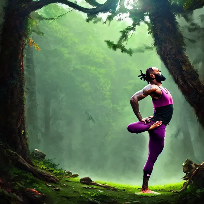 Image similar to lebron james doing yoga in the forest, epic professional digital art, best on artstation, cgsociety, wlop, behance, pixiv, cosmic, epic, stunning, gorgeous, much detail, much wow, masterpiece by dorian cleavanger and stanley lau