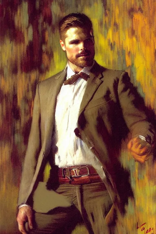 Prompt: stephen amell, painting by gaston bussiere, craig mullins, j. c. leyendecker, edgar degas