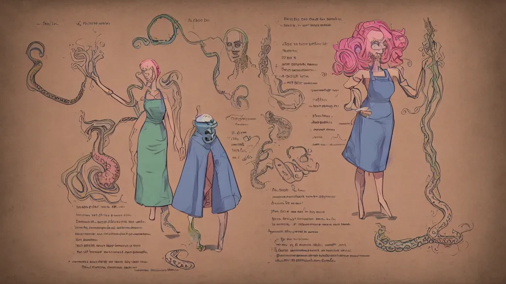 Prompt: aged paper, colorful character sheet for a stocky alien extraterrestrial female servant maid with thick snake - like tentacles instead of hair, long dress with apron, retrofuture, 7 0 s science fiction, coherent, illustration, digital art, trending on artstation, hd, 8 k, good lighting, beautiful, rough paper, masterpiece