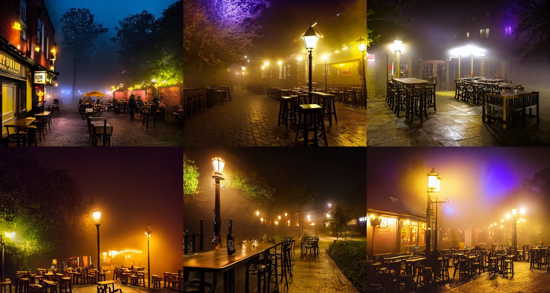 Prompt: A pub beer garden on a foggy night, yellow street lights