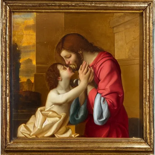 Image similar to 1 8 th oil panting of a jesus kissing with maria maddalena