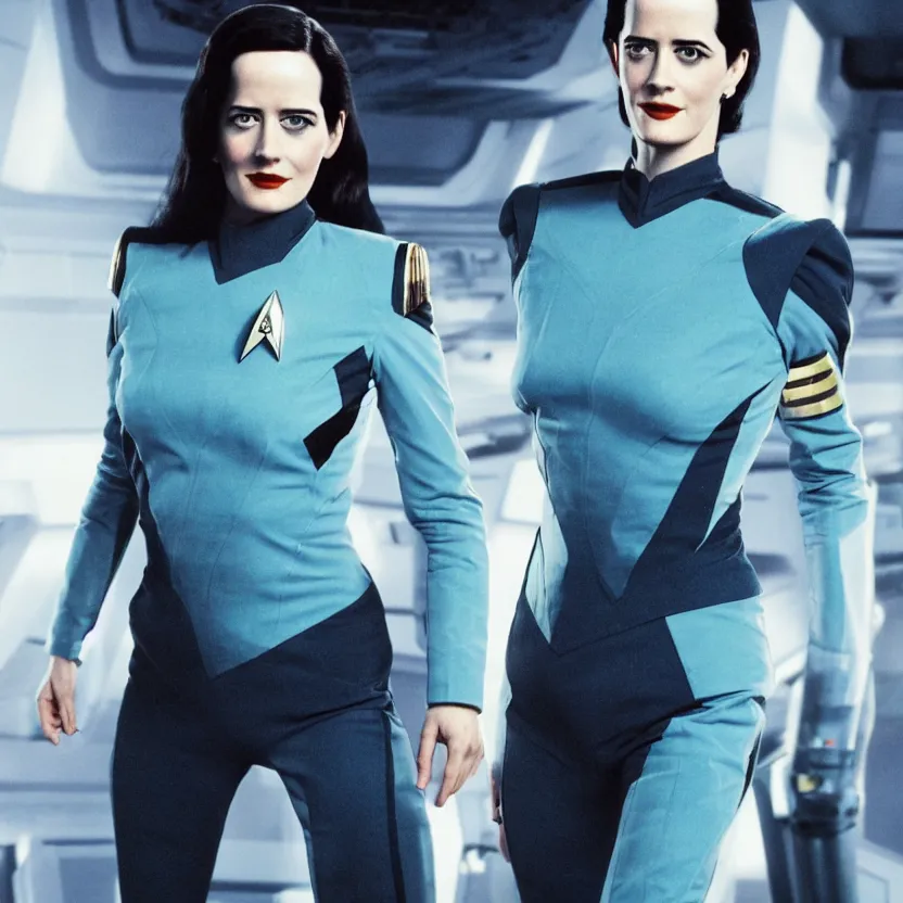 Image similar to a full body photograph of 3 0 year old eva green as a star fleet officer from star trek next generation, ultra rendered, extreme realism and detail, 8 k, highly detailed, realistic, completely framed, hyper realistic, colorful, direct lighting, 3 5 mm photo, photorealistic, sharp focus