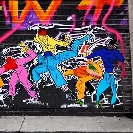 Prompt: four breakdancers battling in the bronx in 1984, by Andy Warhol, gritty, energetic, hyperrealistic, action, intricate graffiti, Moody lightning, trending on artstation