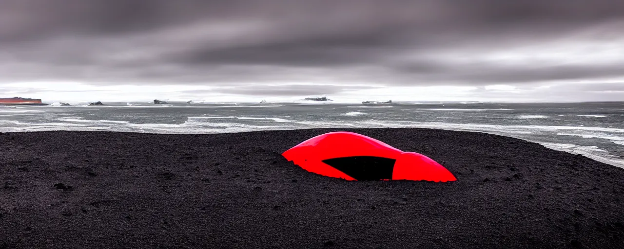 Image similar to cinematic shot of giant symmetrical red military spacecraft landing on an endless black sand beach in iceland with icebergs in the distance, 2 8 mm, shockwave