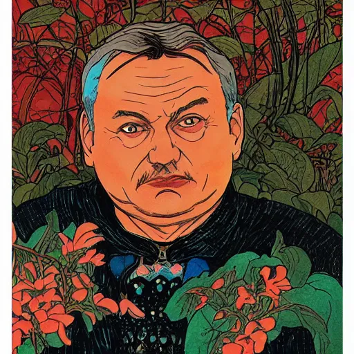 Prompt: viktor orban on a detailed ivan bilibin and edmund dulac and ilya kuvshinov and katsuhiro otomo inspired print