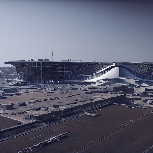 Image similar to sci-fi brutalist airport view from above structure on the coronation of napoleon painting and digital billboard point cloud in the middle, unreal engine 5, keyshot, octane, artstation trending, ultra high detail, ultra realistic, cinematic, 8k, 16k, in style of zaha hadid, in style of nanospace, colors in style of the Blade Runner 2049, in plastic, dark, tilt shift,