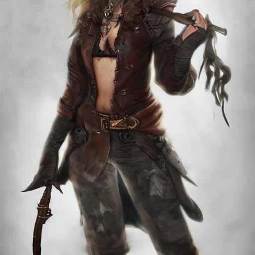 Image similar to full body concept art of a female pirate, airbrushed painting, stunning, featured on artstation, cinematic lighting, hyperdetailed, cgsociety, 8k, dramatic, dark atmosphere, alluring