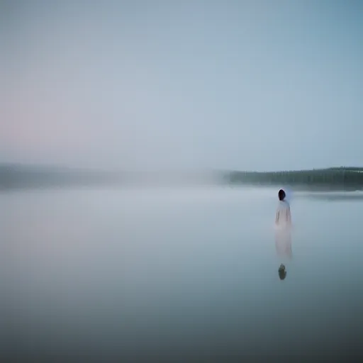 Image similar to a ghostly woman in a white dress rising from a misty lake dripping wet, high resolution photograph, autumn, sunrise, eerie light