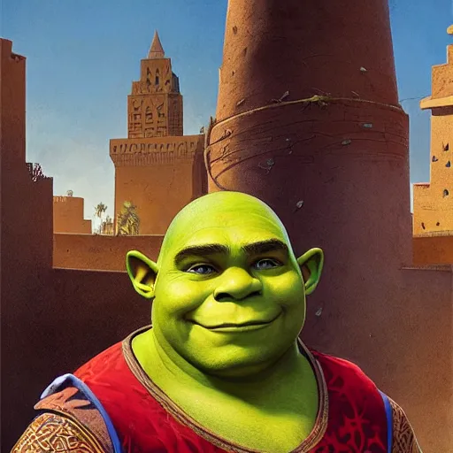 Image similar to portrait of shrek in marrakech, highly detailed, digital painting, artstation, concept art, smooth, sharp focus, illustration, art by artgerm and greg rutkowski and alphonse mucha