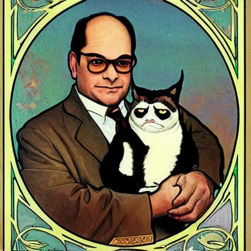 Image similar to “ george costanza from seinfeld holding grumpy cat above his head, holy light, art nouveau, by alphonse mucha ”