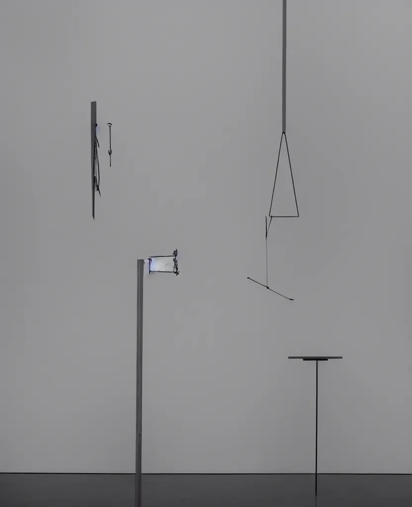 Prompt: a singular minimal studio packshot of an upside - down readymade object on a pedestal in an empty museum room, courtesy of centre pompidou, contemporary sculpture, steel, ceramic, glass, wire
