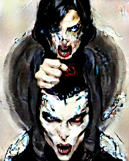 Image similar to rafael albuquerque comic art, peter mohrbacher, phil noto, steve niles, artgerm, pretty willa holland vampire sharp vampire teeth open mouth, symmetrical eyes, black leather jacket, jeans, long black hair