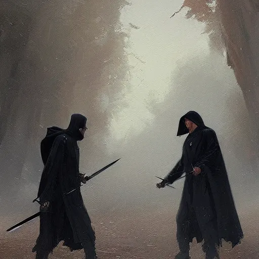 Prompt: 2 men in black cloaks having a sword duel, Trending on artstation l, greg rutkowski, Thomas kinkade, intricate details